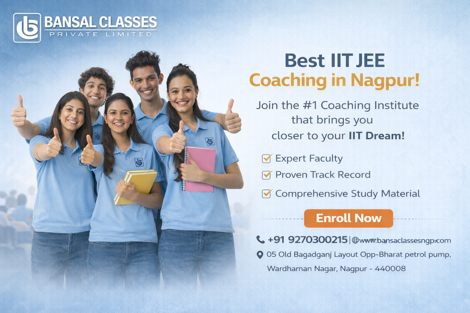 Bansal Classes coaching centre near me banner for NEET & JEE preparation with students in classroom and contact information.